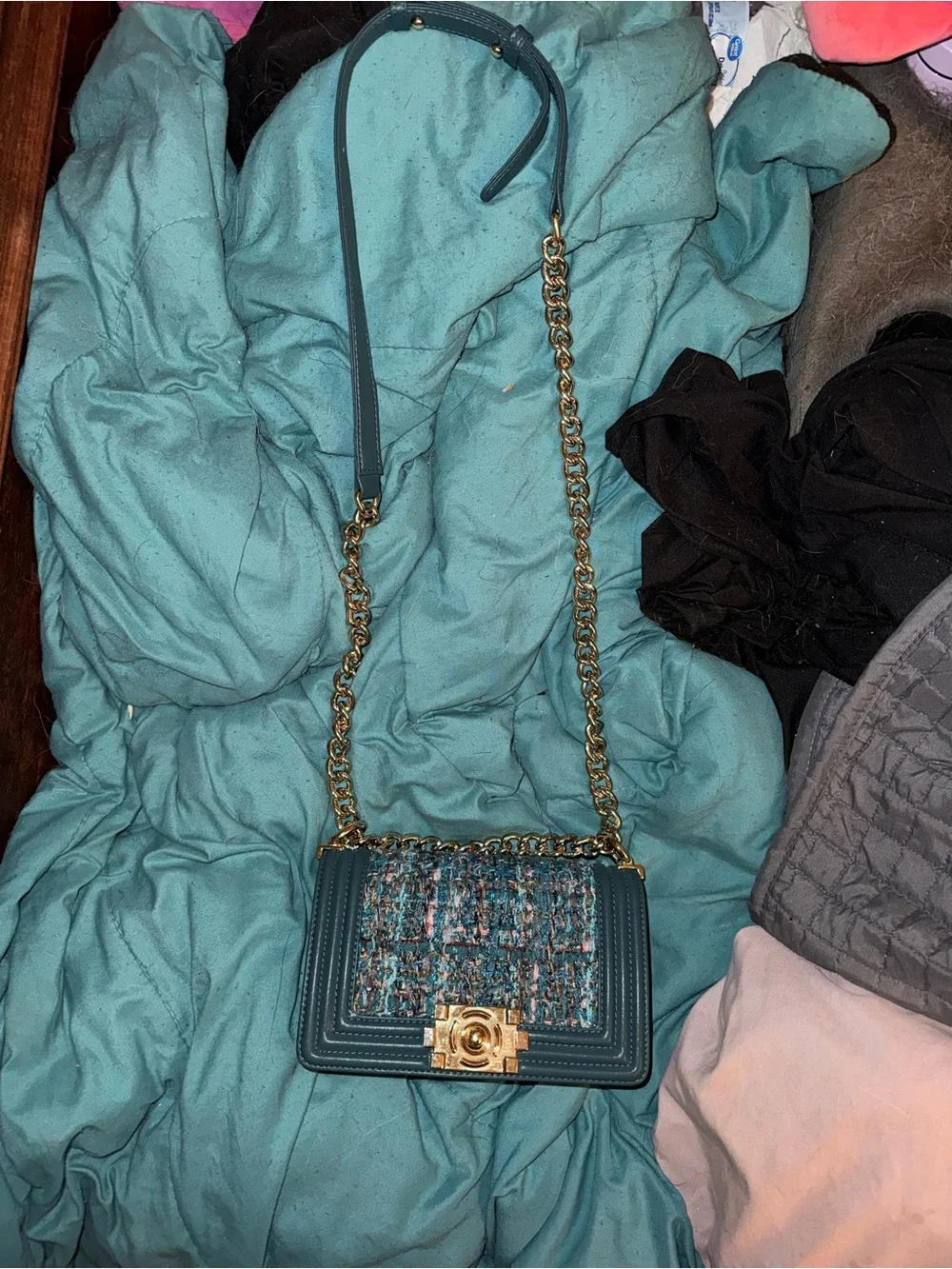 Teal Tweed Crossbody Bag with Gold Chain Strap